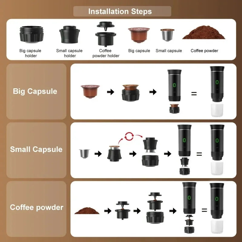 Portable Rechargeable Wireless Electric Espresso Maker – 3-in-1 Travel Coffee Machine