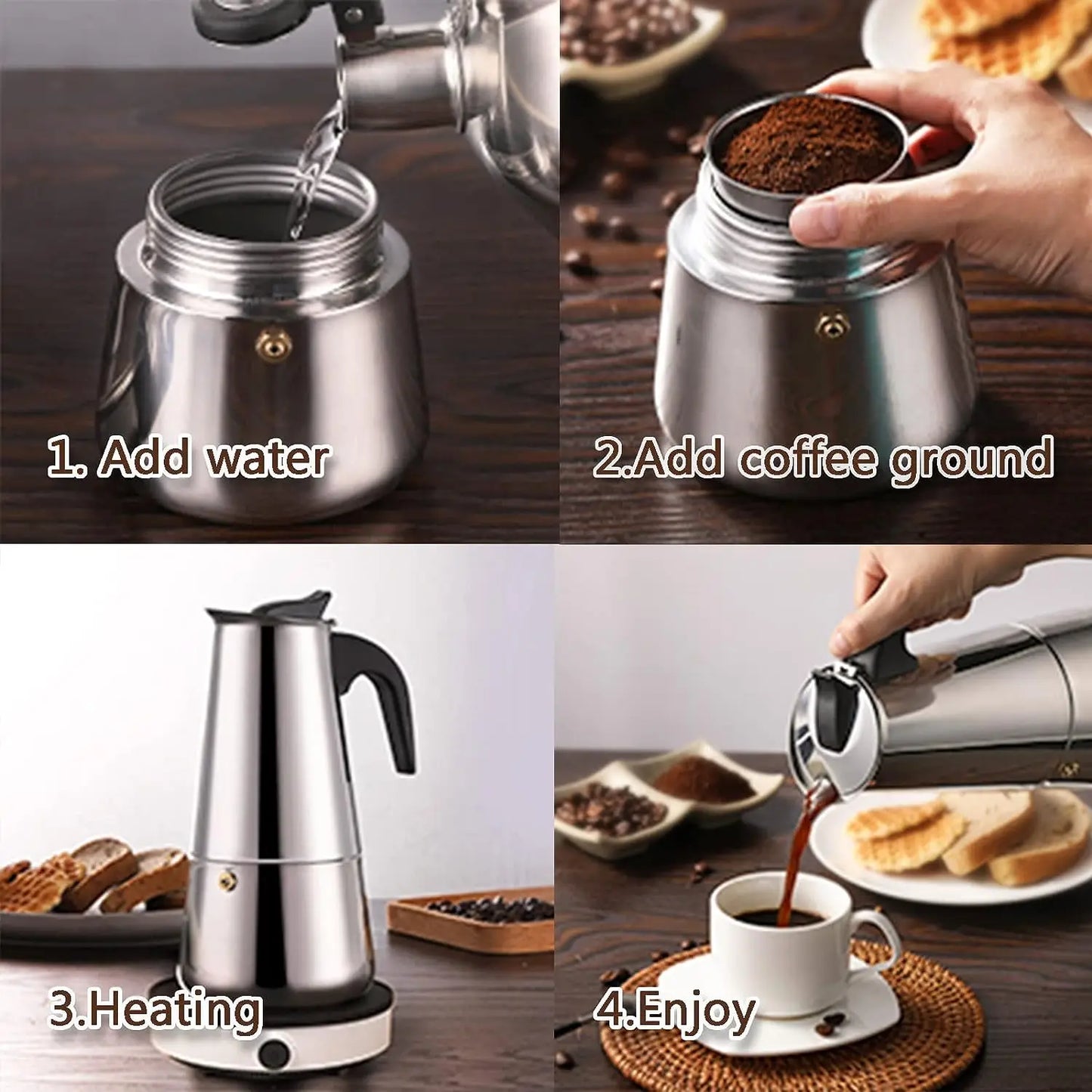 Stainless Steel Stovetop Moka Pot – 4/6/9 Cup Espresso Maker