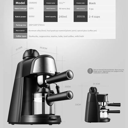 Mini Italian Espresso Machine with Steam Milk Frother – 3 Cup Semi-Automatic